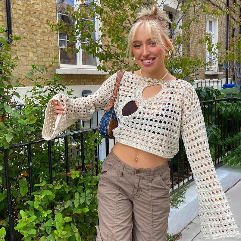 

Y2K Hollow Out Cropped Knit Smock Top Women Vintage Loose Distressed Crochet Pullovers Crop Tops Fairy Grunge Sweater Cover-up