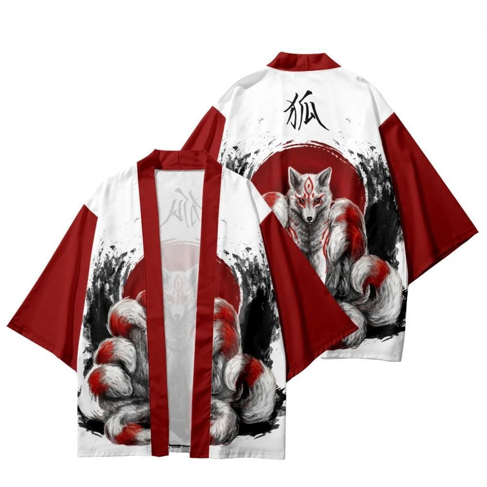 

Summer cartoon nine-tailed fox printed kimono female male Japanese Haoli street wear cardigan yukata Cosplay