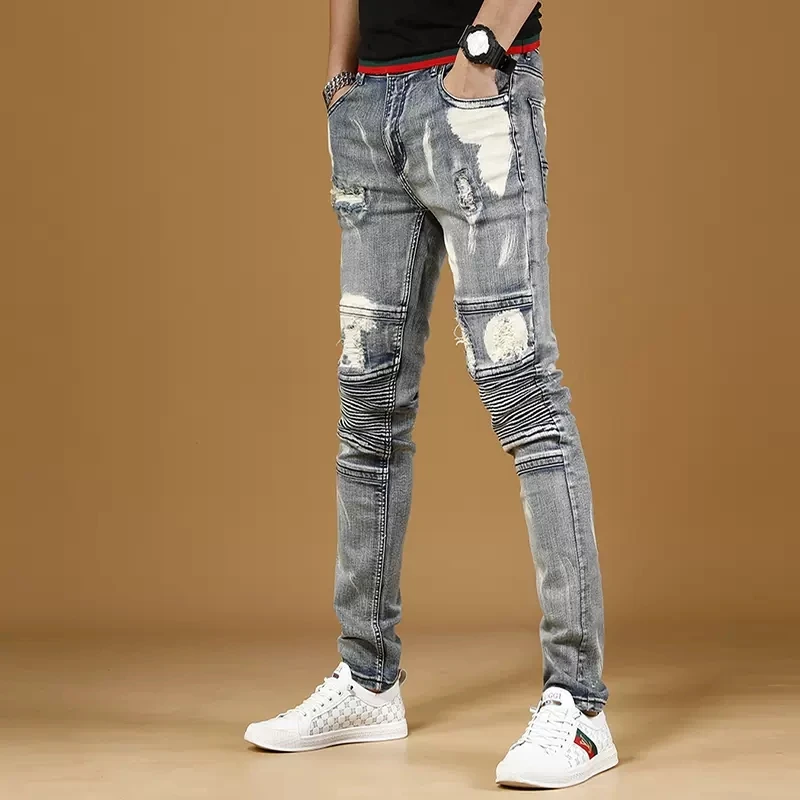 Summer Light Blue Ripped Jeans Men White Printed Regular Straight Pants Streetwear Casual Biker Stretch Denim Trousers
