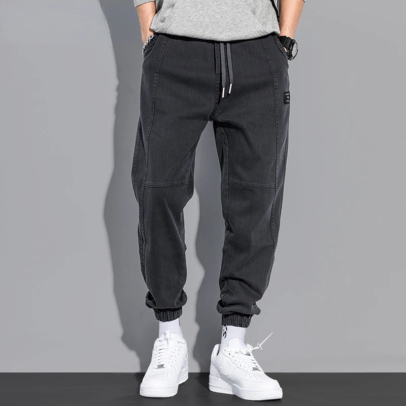 loose  Ankle leg-tied jeans pants trousers streetwear men Korea style harlan black  y2k Drawstring  Casual  Spring and Autumn