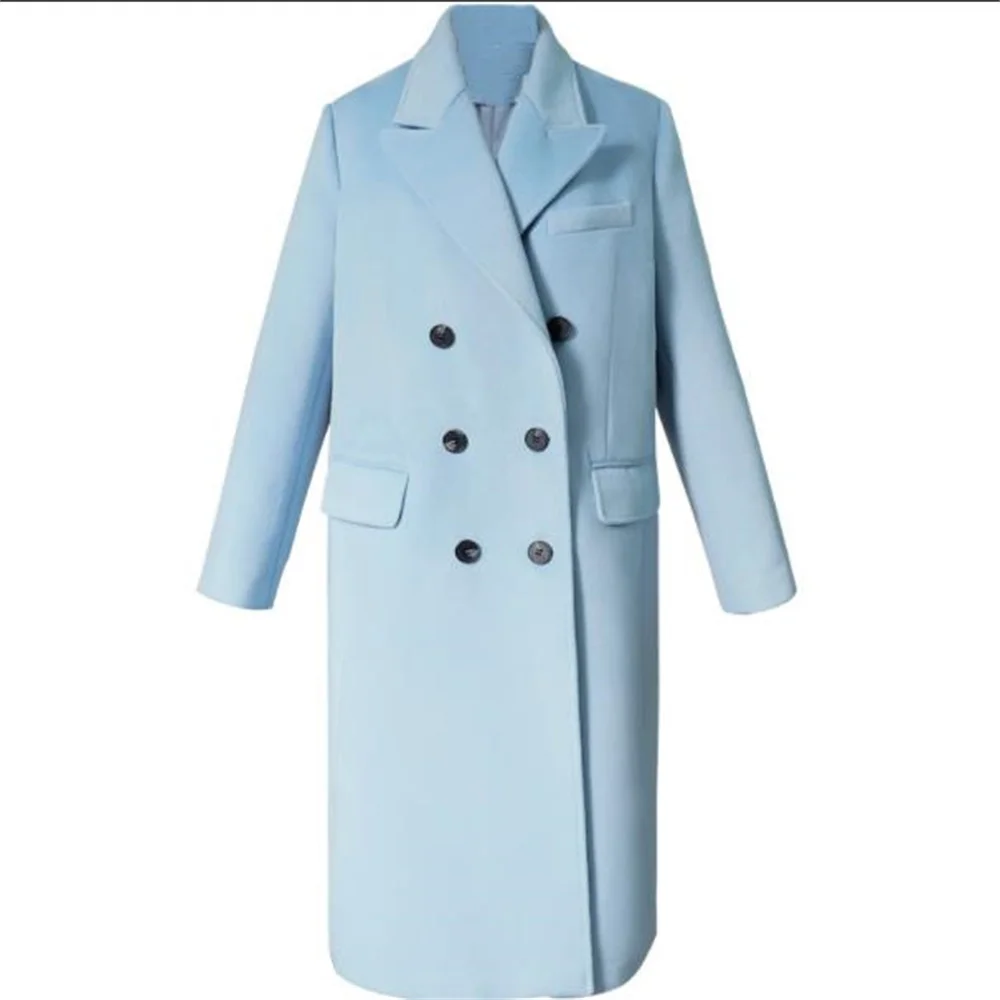 

Небесно-голубое шерстяное пальто, женское длинное зимнее пальто, двубортное Прямое пальто