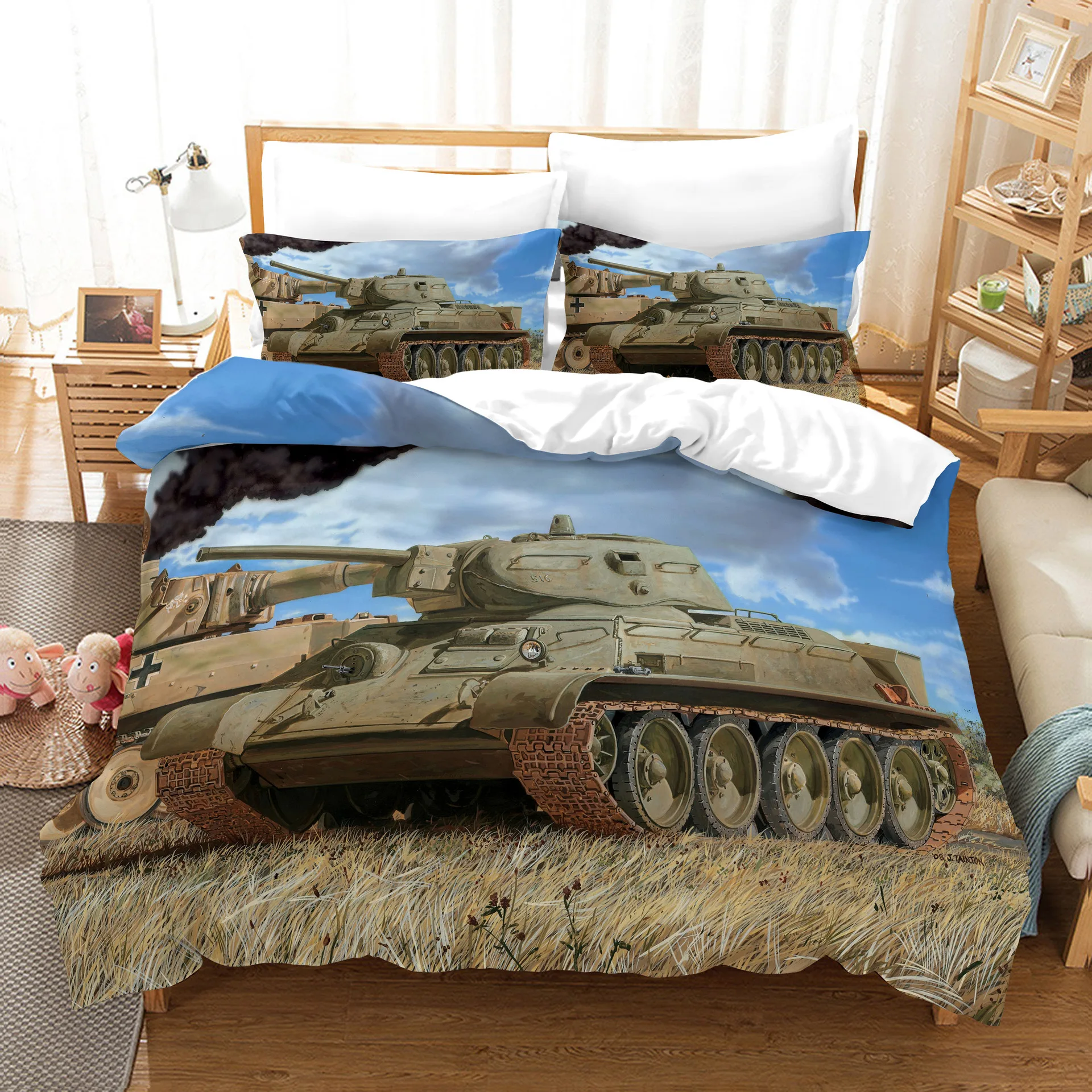 

Tank Duvet Cover Set War Military Theme Comforter Cover for Kids Boys Teens Men Decor Polyester Bedspread Cover