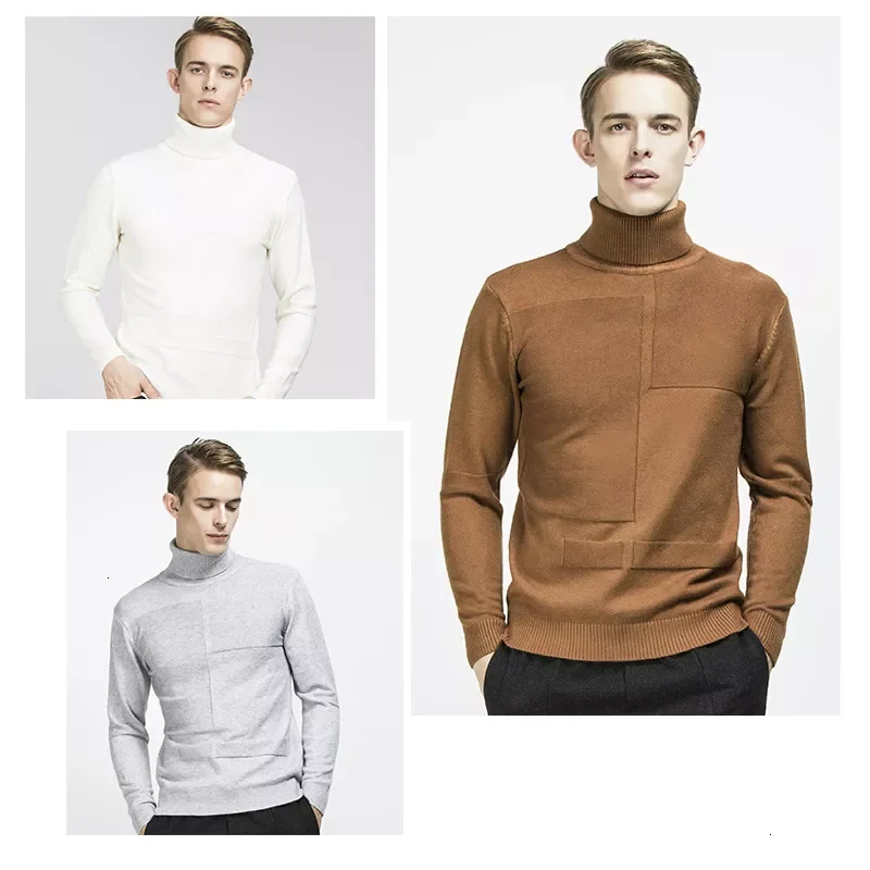 

Slim Fit Solid Color Plaid Patchwork high neck sweaters Long Sleeve knitted pullover 2022 New Men's Turtleneck sweaters pullover