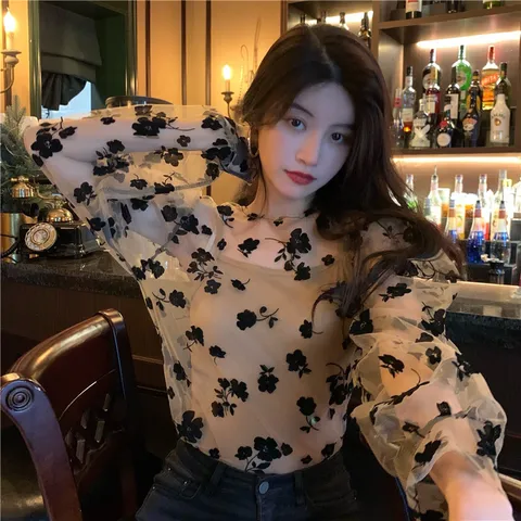 Harajpee Women Shirt French Style Lace Mesh Printing Long Sleeve Camisole Loose Casual Two-piece Set Spring New 2022 Korean Chic