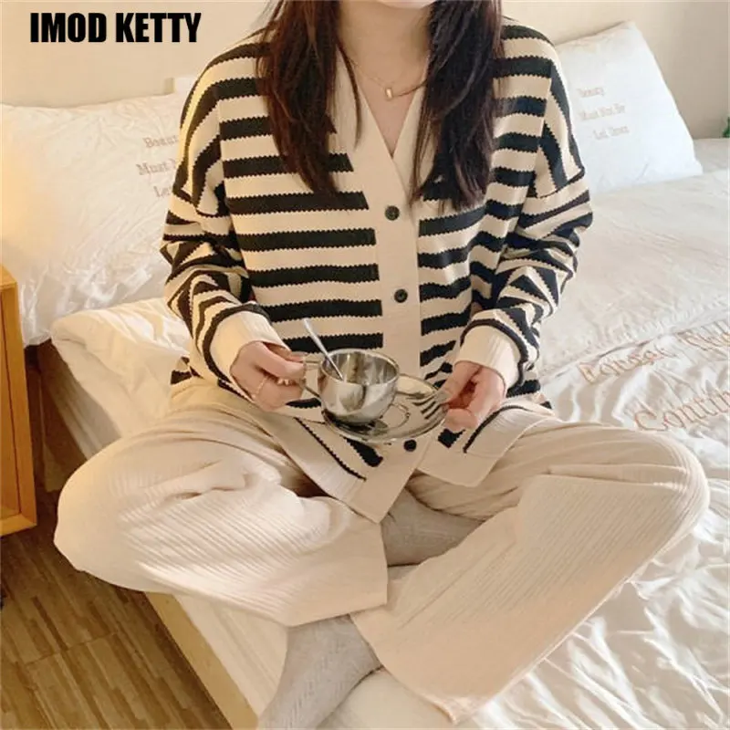 

Spring V-neck Cardigan Casual Elegant Versatile Home Cozy Long Sleeve Basic Korean Style Sleepwear Pajama Sets Women Striped