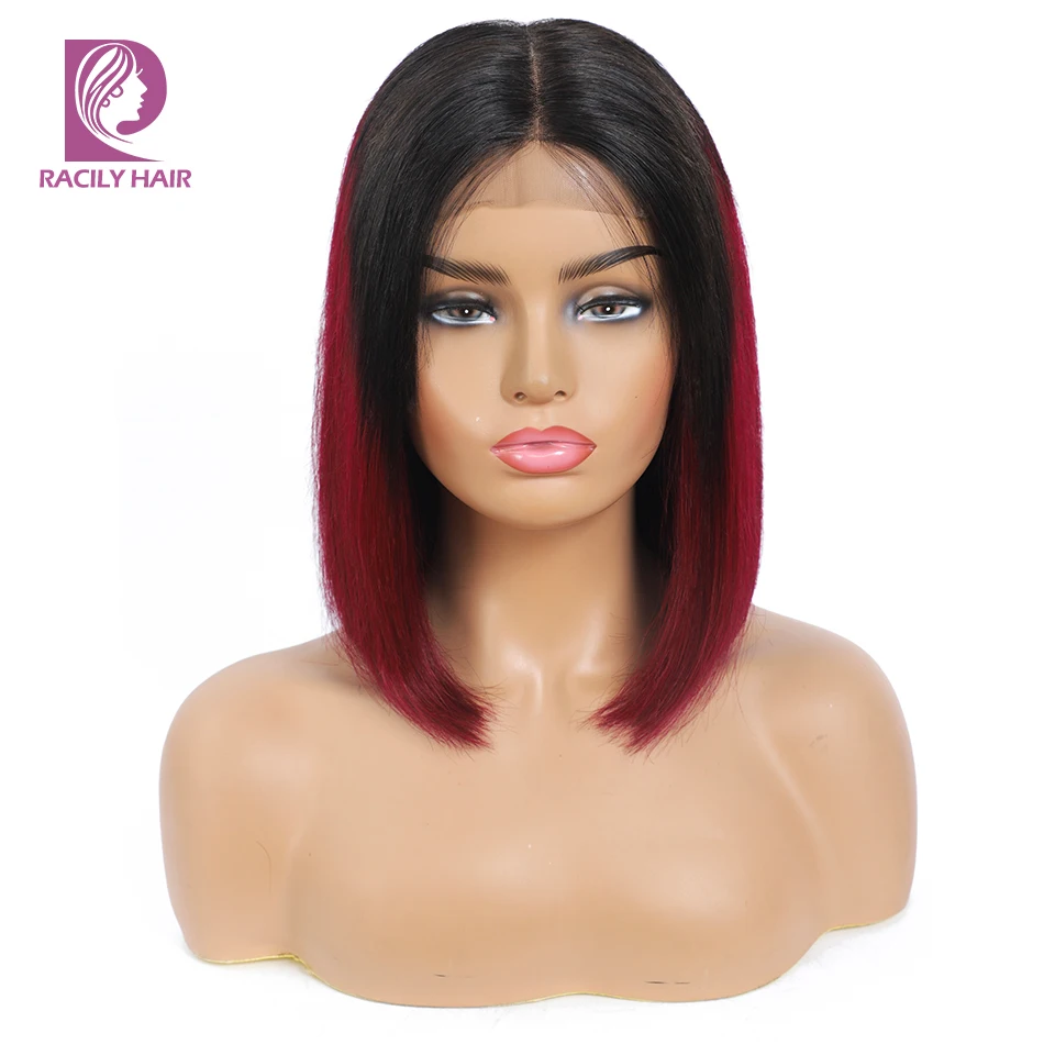 T Part Bob Lace Human Hair Wigs For Women 4x1x4 T Part Lace Closure BOB Wig Brazilian Straight Short Bob Ombre BURGUNDY Lace Wig