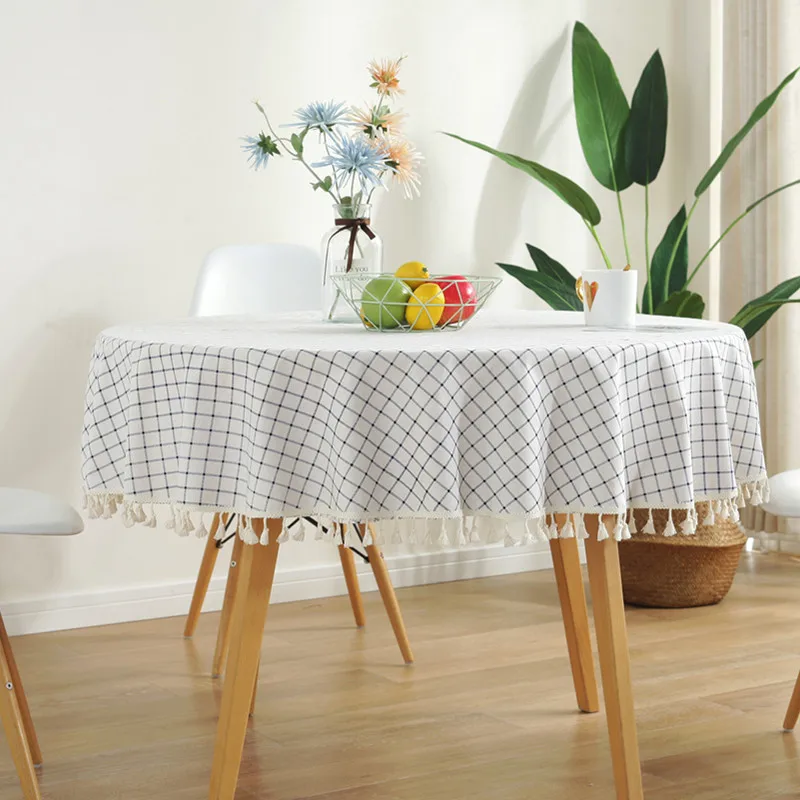 

White Plaid Table Cloth Round Cotten Linen with Tassel Dining Table Cover Mantel Mesa Kitchen Decro Coffee Table Tablecloth