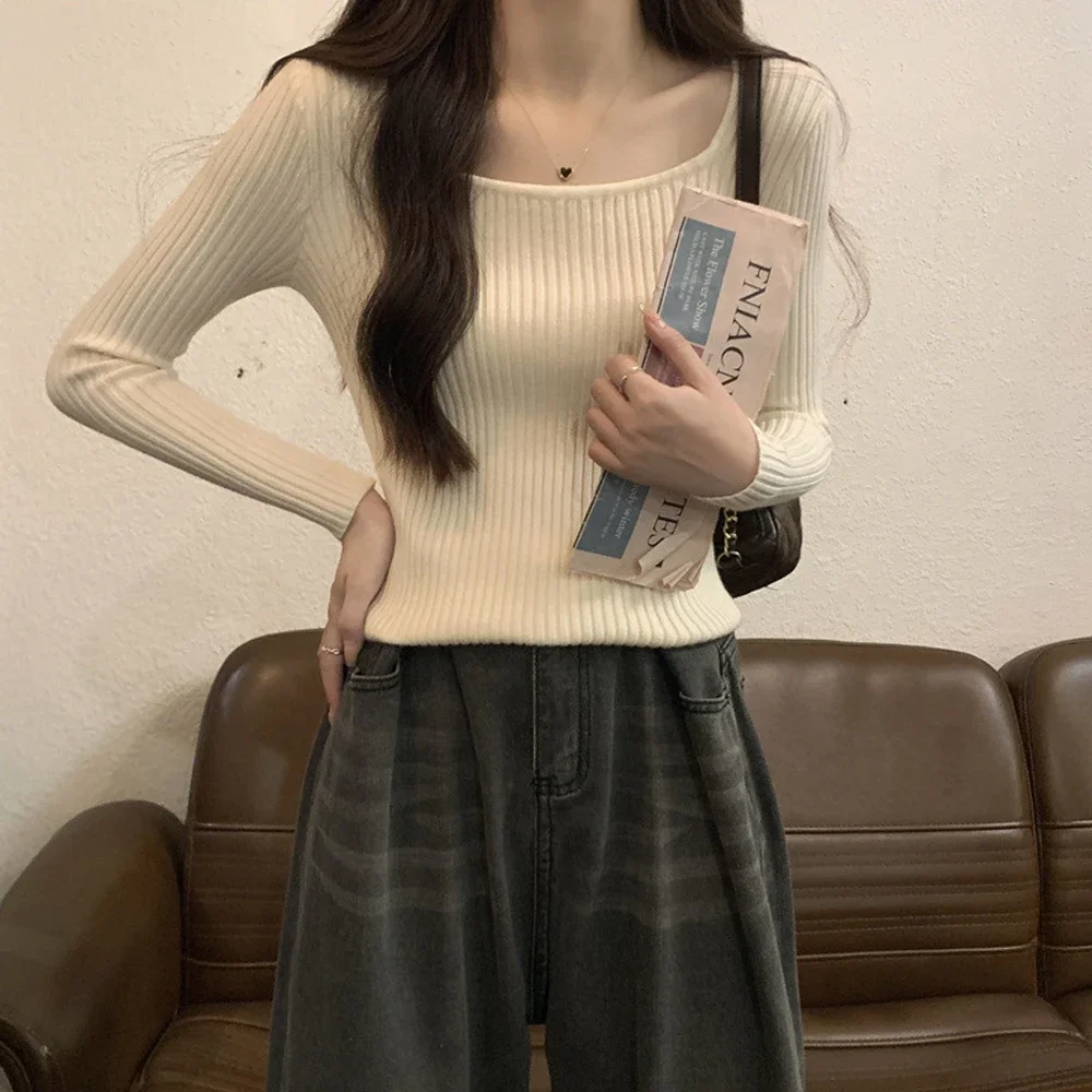 Женская футболка с квадратным вырезом свитер женская черная синяя вязаная