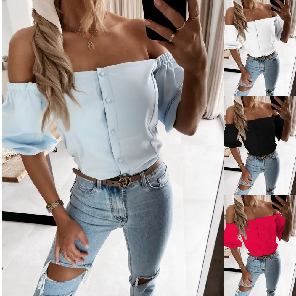 

Women Sexy Slash Neck Lantern Sleeve Blouse Summer Solid Off Shoulder Single-breasted Tops Elegant Office Casual Shirt Cardigan