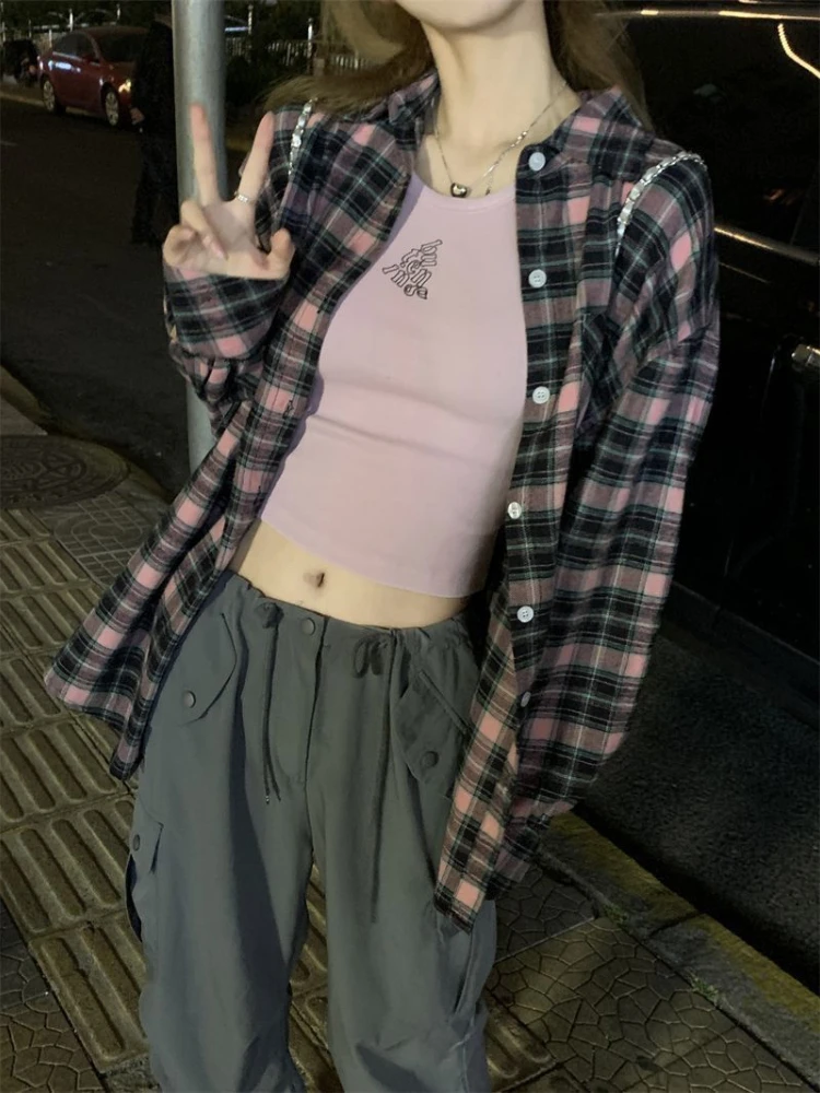 Американские клетчатые рубашки женские в стиле ретро High Street свободного кроя Y2k