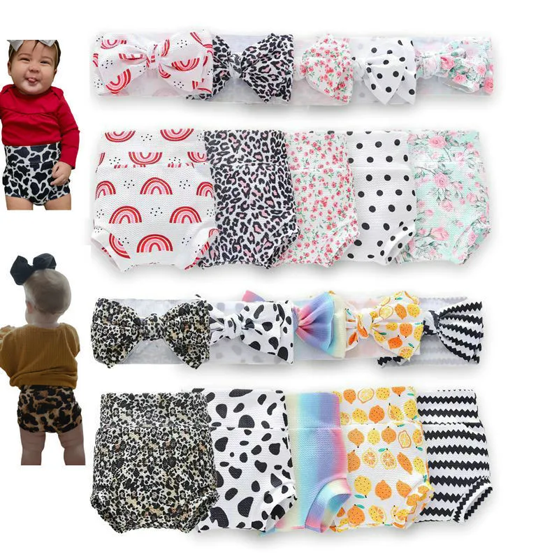 

Summer Children's Cotton Shorts HeadBand Sets for Girls Boys Clothing Baby Print Diapers Bread Pants Outfits Suit