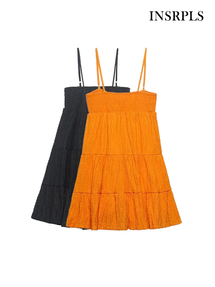 

INSRPLS Women Fashion With Lining Textured Mini Dress Vintage Straight Neck Adjustable Thin Straps Female Dresses Vestidos
