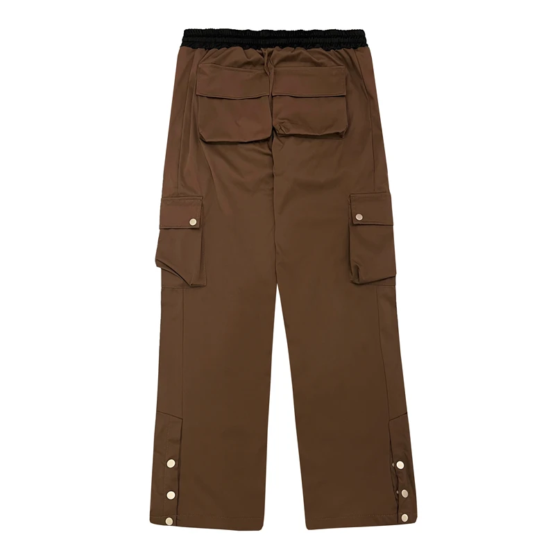 E BOY  High Street Multi-pockets Ankle Zipper Drawstring Men's Cargo Pants Retro Straight Solid Color Hip Hop Baggy Casual