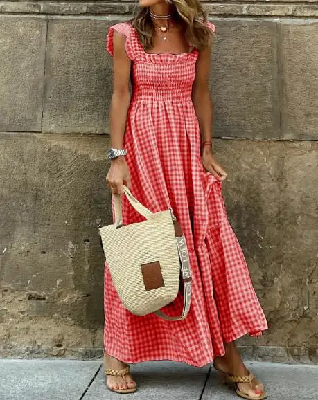 

Women's Dresses 2023 Summer Fashion Collage Plaid Strap Square Neck Casual Large Swing Long Dress Female New Clothing