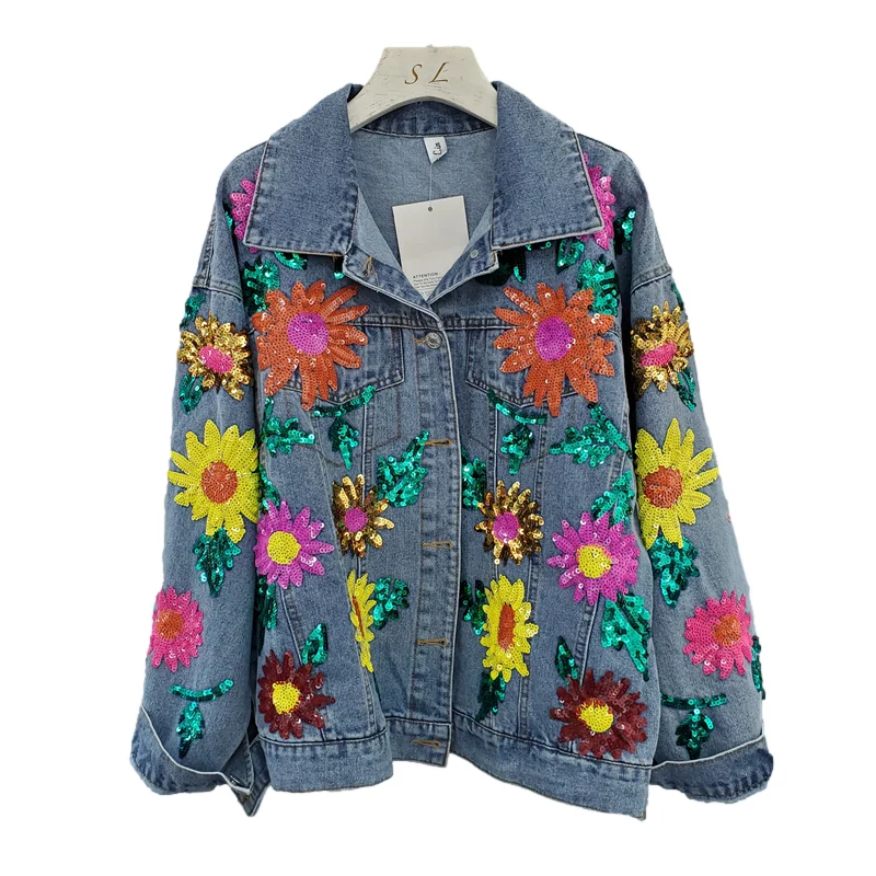 

Spring Vintage Heavy Industry Sequins Sun Flower Denim Jacket Women Loose Short Cowboy Outerwear Long Sleeve Jeans Jacket Female