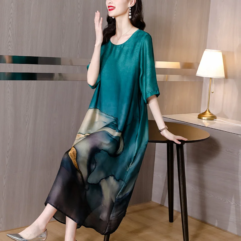 Loose 2023 Casual Mulberry Silk Maxi Emerald Green Dress Spring Summer Vintage 4XL Plus Size Elegant Women Party Vestidos