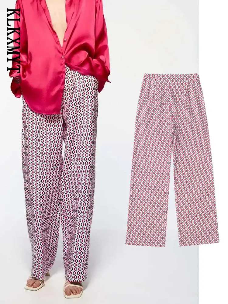 

Zar Women Pants 2022 Traf Fashion Side Pockets Geometric Print Pants Vintage Mid Waist With Zipper Female Trousers Mujer