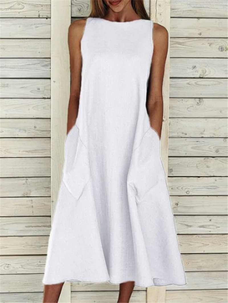 

Cotton and Linen Summer Dress Women Vintage Sleeveless Loose Fit Robe Pocket Office Lady Midi Vestidos Elegantes Para Mujer