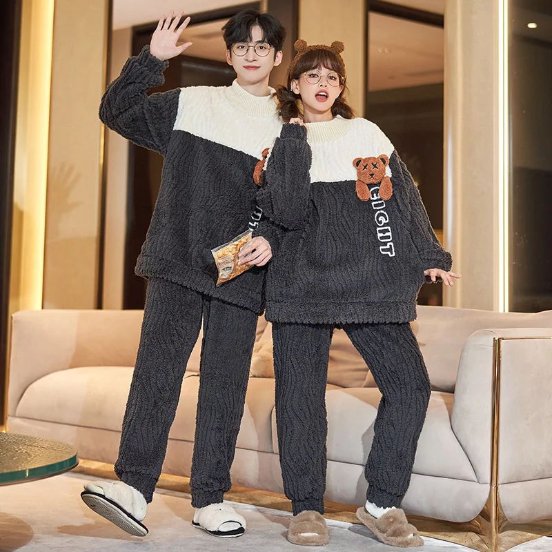 QUHENG 2022 Flannel Men's Pajama Pants Set Autumn Winter New Thick Warm Sleepwear for Couples Casual Loose Home Costumes Set