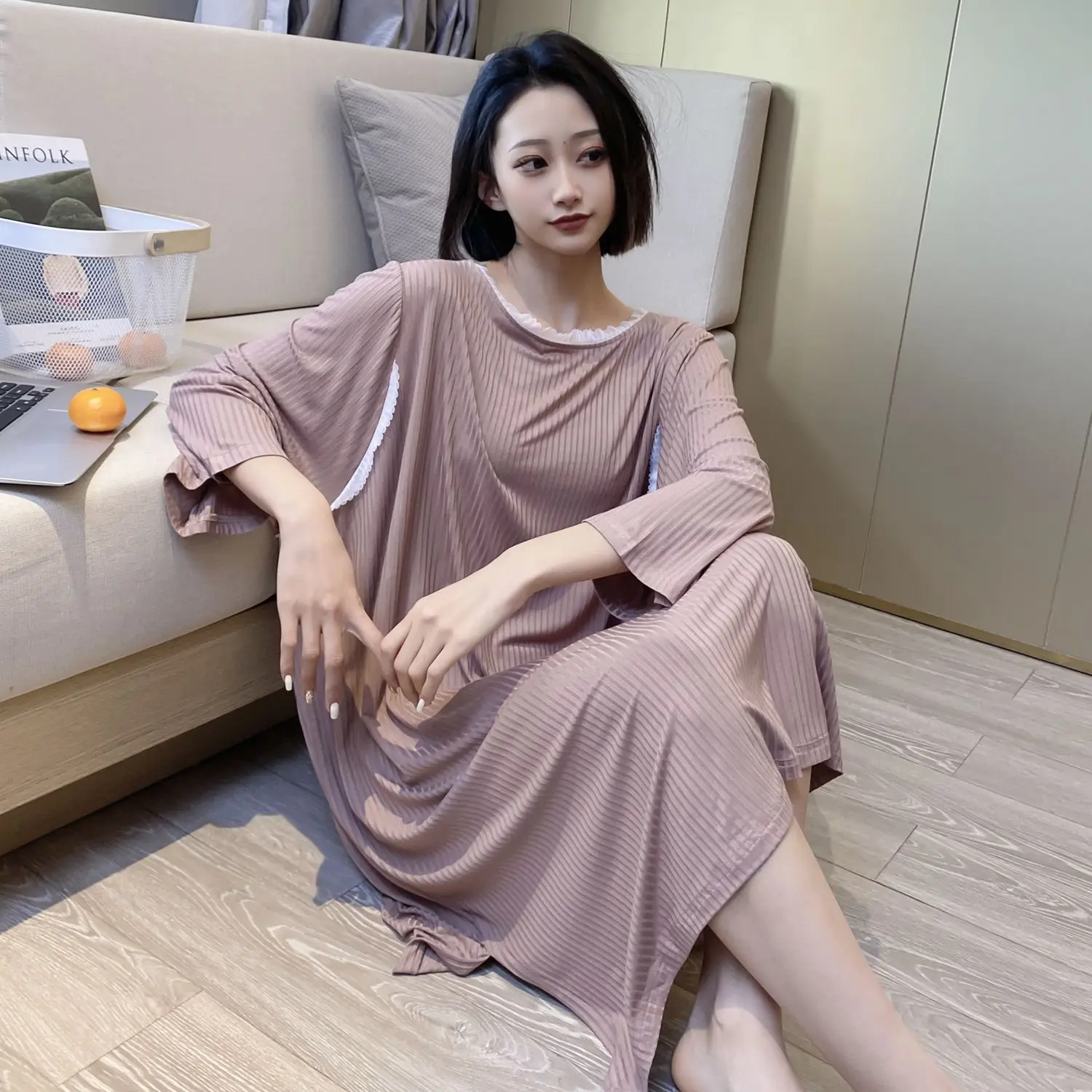 Fdfklak Viscose Night Dress Womens Sexy Sleepwear Female Spring Summer O-Neck Nighty Nightgown Lady Lone Size Nightwear