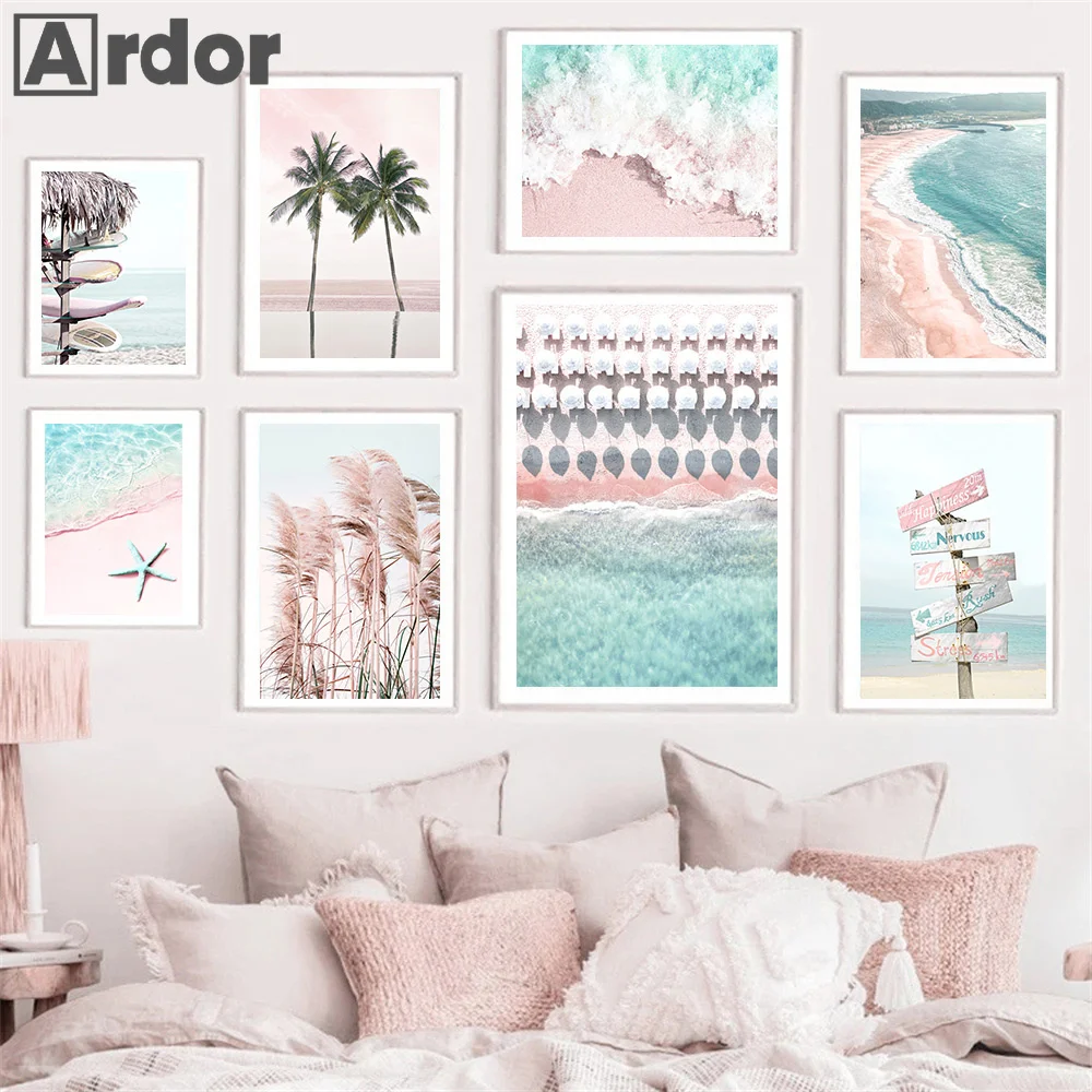 

Тропический Розовый пляж Ракушки Морская звезда Пальма солнце настенная Картина на холсте скандинавские плакаты и принты картины декор для гостиной