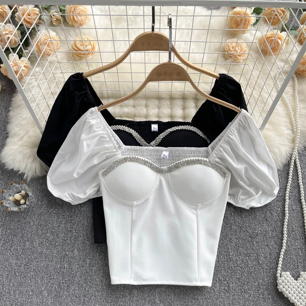 

Топ женский с коротким рукавом, тонкая универсальная блузка с пузырьками, с французской отделкой до ключиц, приталенный силуэт