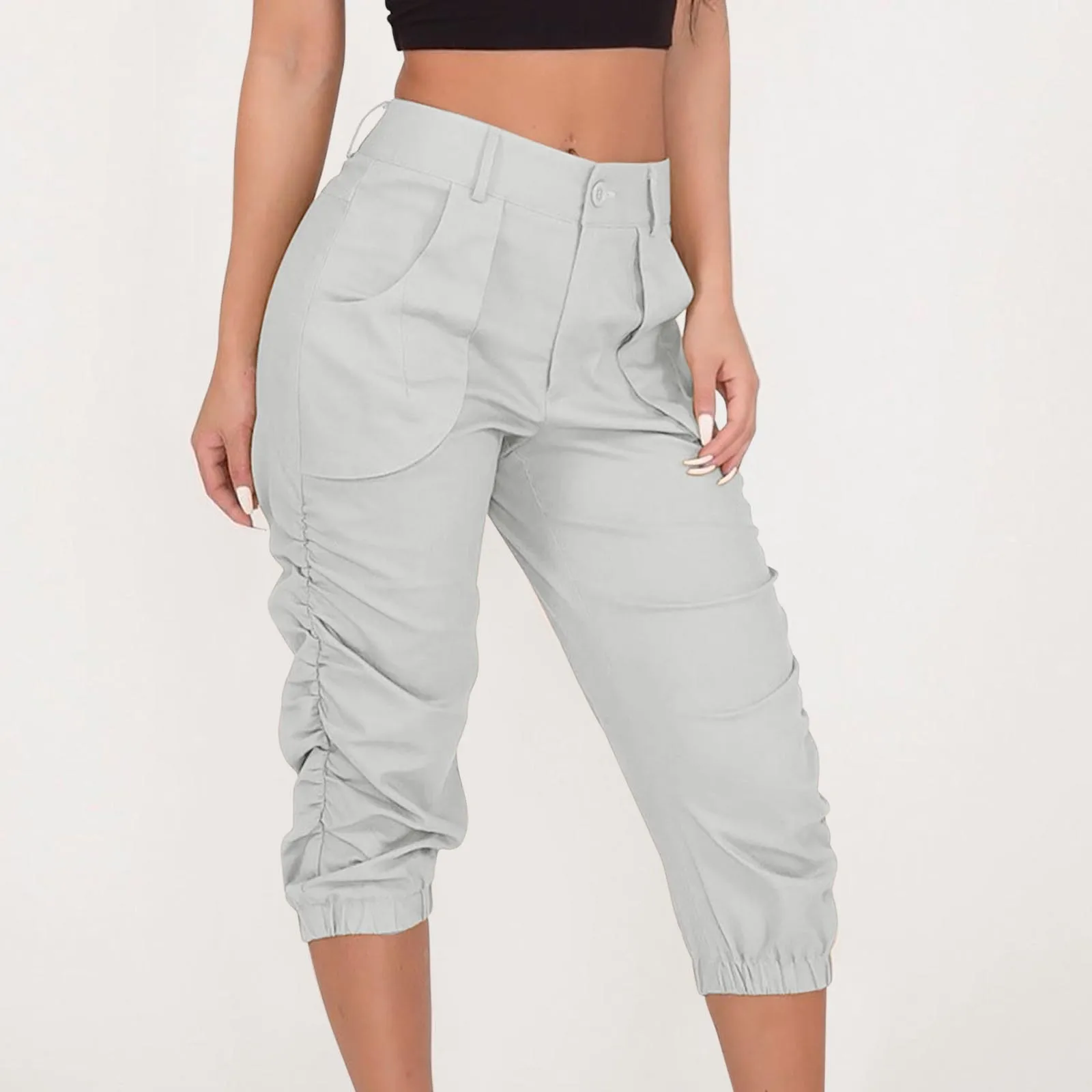 2023 Fashion Ladies Casual Cropped Pants Summer Women's High Waist Loose Cargo Pants Femme Loose Harem Cropped Trousers