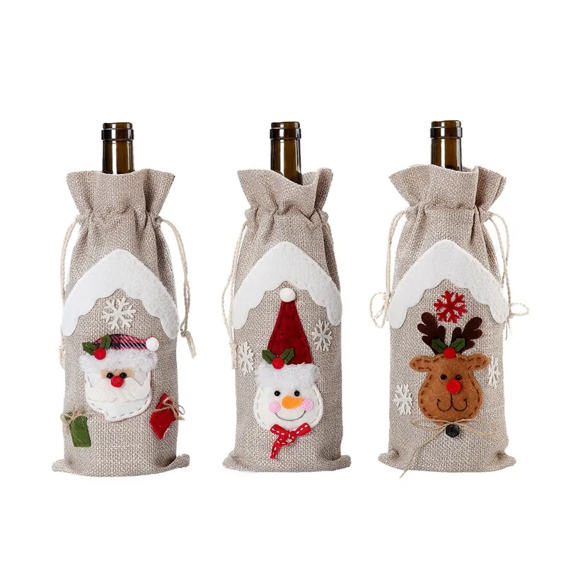 

3 Pcs Set New Christmas Decorative Articles Linen Wine Bottle Set Champagne Red Wine Bottle Bag Santa Claus Snowman Elk Wine Bag