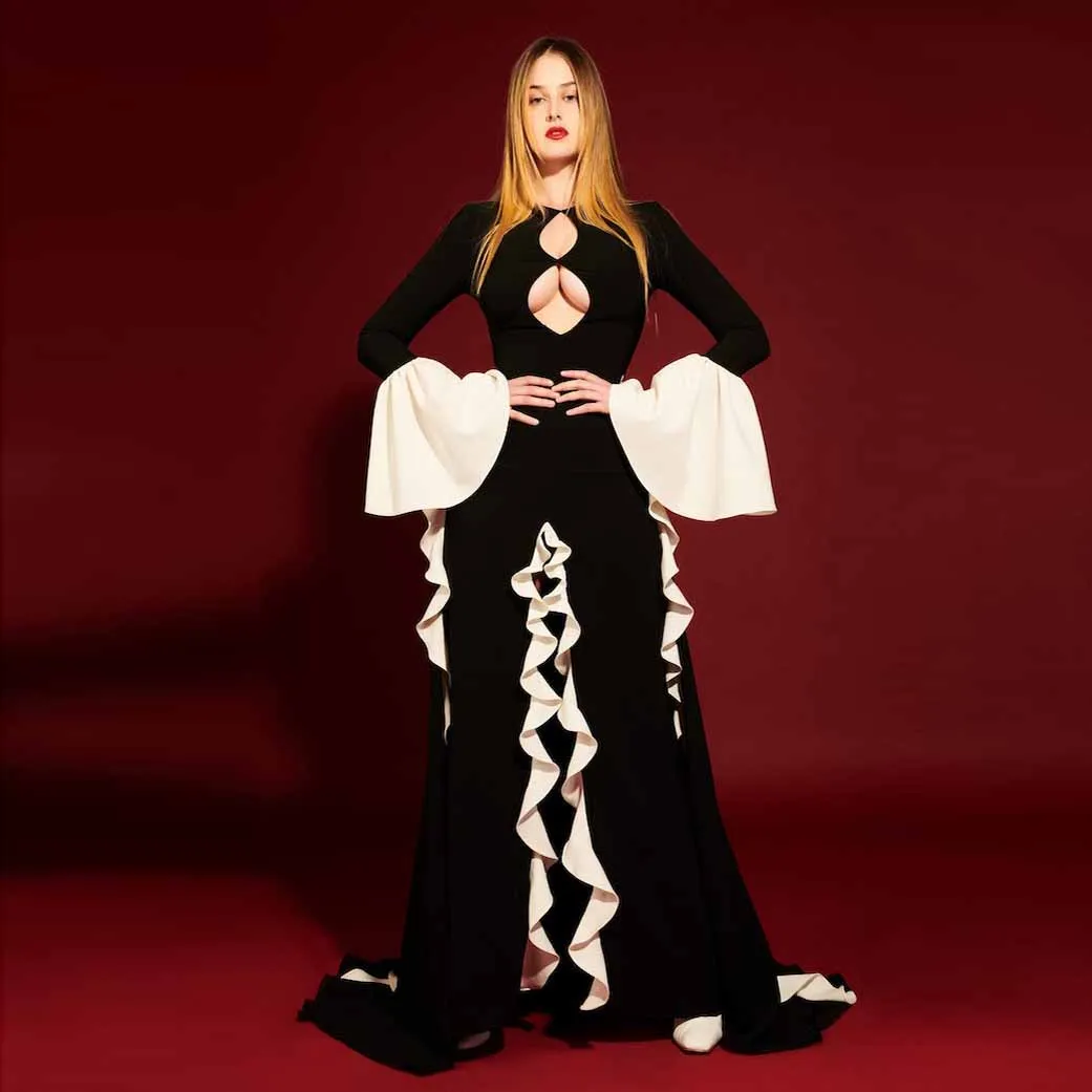 

Fashion 2022 A-line Black&White Long Evening Dresses Flare Sleeves Ruffles Prom Gowns Elastic Party Dress