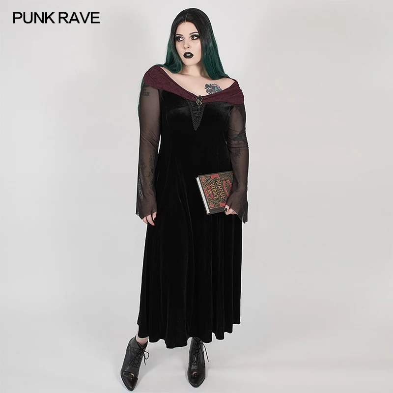 PUNK RAVE Feather Horizontal Neck Dress Size Women Elastic Velvet Perspective Mesh Gothic Dresses Red Jacquard Water Drop Brooch