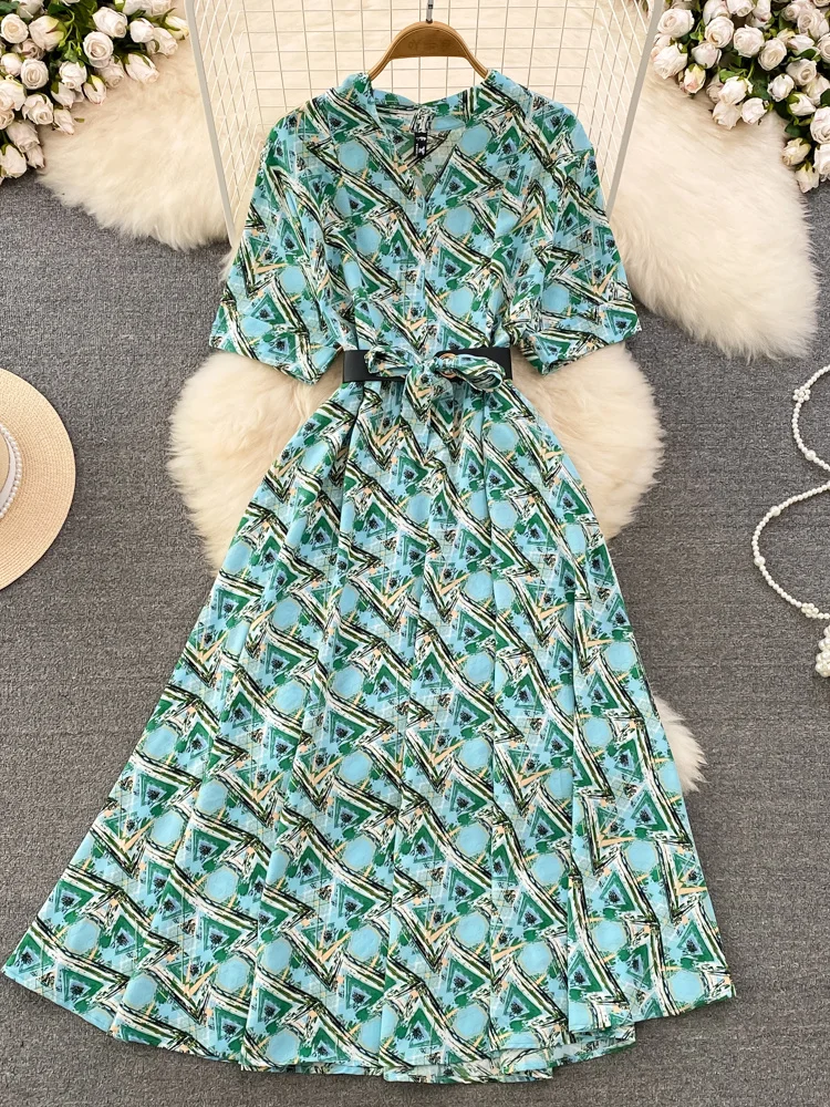 

Женское длинное винтажное платье с коротким рукавом, V-образным вырезом и высокой талией