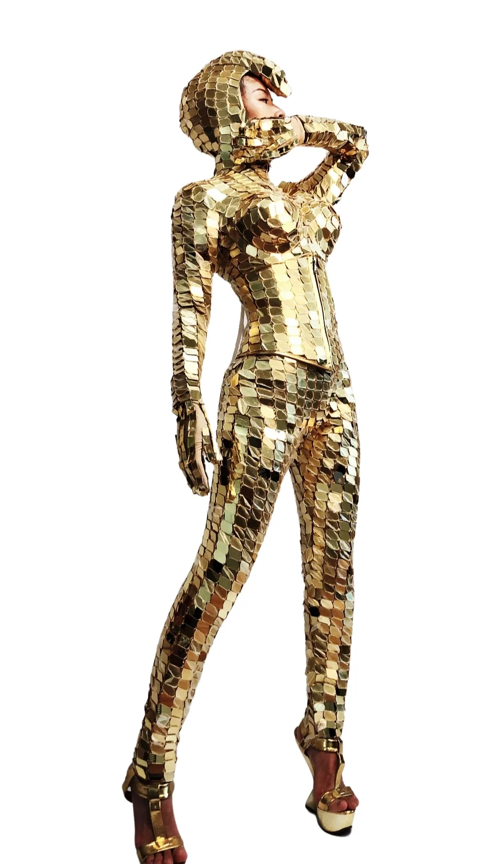 Зеркальный костюм комбинезон женский золотой клубный вечерние зеркальный