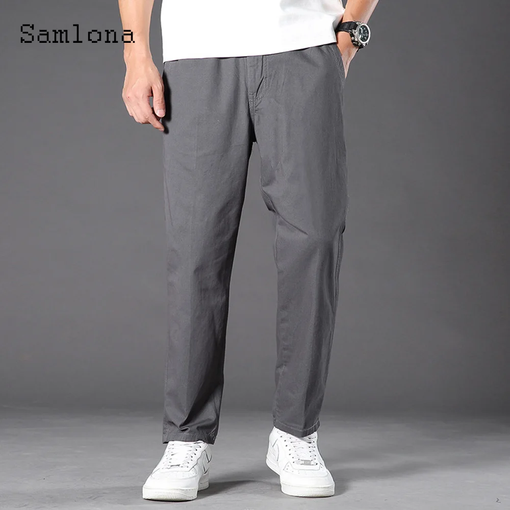 

Samlona 2023 Men's Casual Straight Leg Pants Dark Gray Stand Pocket Trouser Plus Size 6xl Mens Fashion Pantalon Men Streetwear