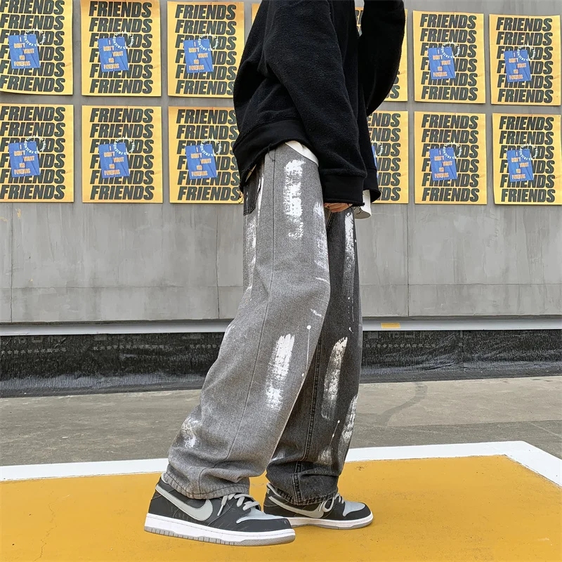 2023 Casual Baggy Jeans Mens Korean Streetwear Fashion Hip Hop Straight Wide Leg Trousers Black Gray