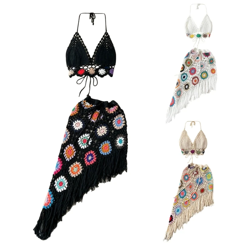 

Женский комплект из топа и юбки с лямкой на шее, ажурный комплект из двух предметов, P8DB