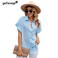 casual solid ruffles patchwork chiffon shirts summer 2022 new streetwear polo neck short sleeve loose long tops womens clothing