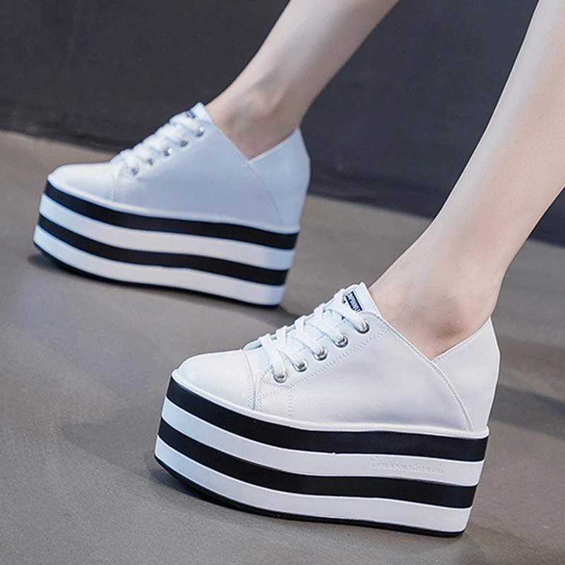 2023 Fashion New Genuine Leather 12cm Chunky Sneakers Wedge Platform Lace Breathable Heels Shoes Vulcanized Summer Females Shoes