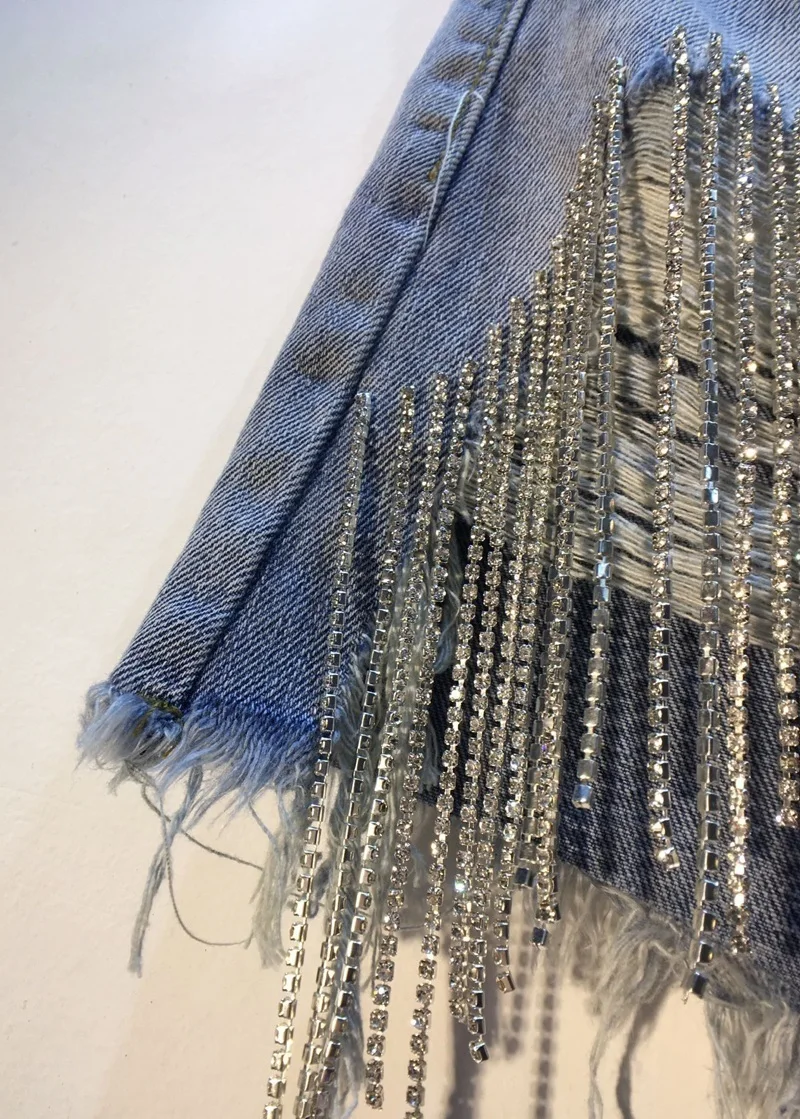 Fashion Rhinestone Heavy Tassels Nail Diamond Beads Korean High Waist Light Blue Denim Shorts Women Sexy Club Wear 2022 Summer