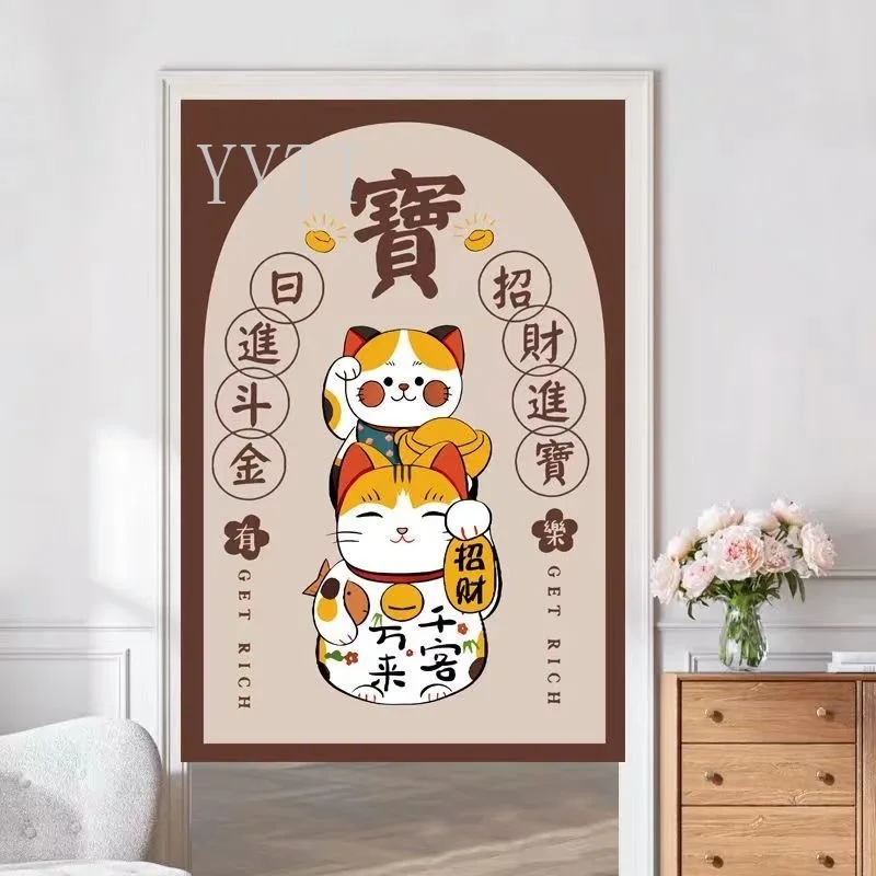 Lucky Cat Door Curtain Japanese Style Kitchen Entrance Decor Half Free Perforation Bedroom Partition Hanging Curtains