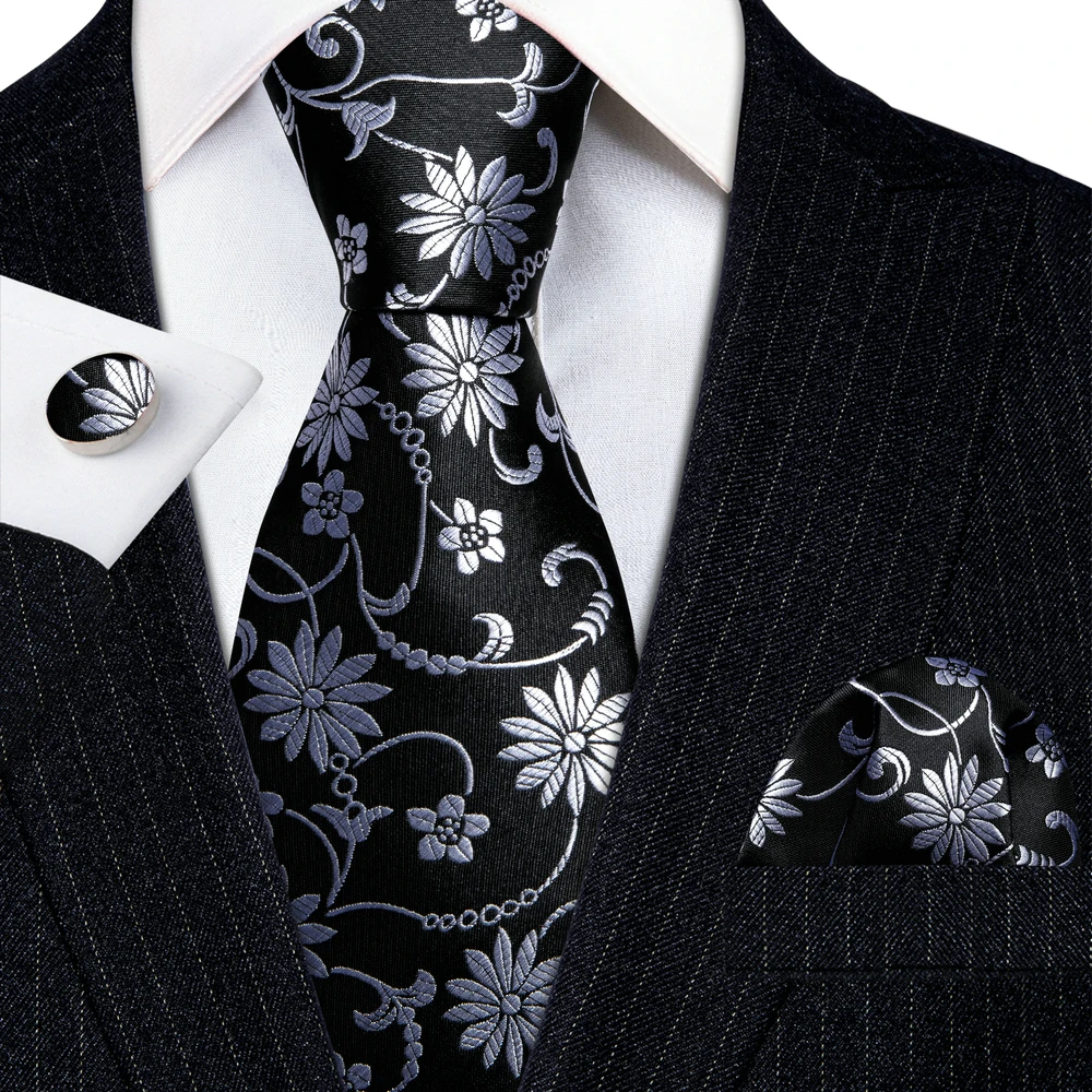 

Бесплатная доставка галстуки для мужчин черный серебряный Цветочный Шелковый шейный галстук Карманный квадратный запонки набор свадебный Барри · Ван зажим для галстука брошь 5950