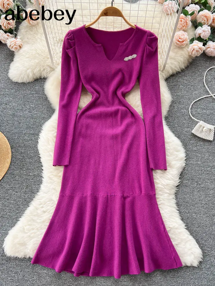 

Mermaid Women Knitted Pencil Dress Korean Long Sleeve Elastic Slim Dress Autumn Winter Sexy Bodycon Warm Sweater Dress