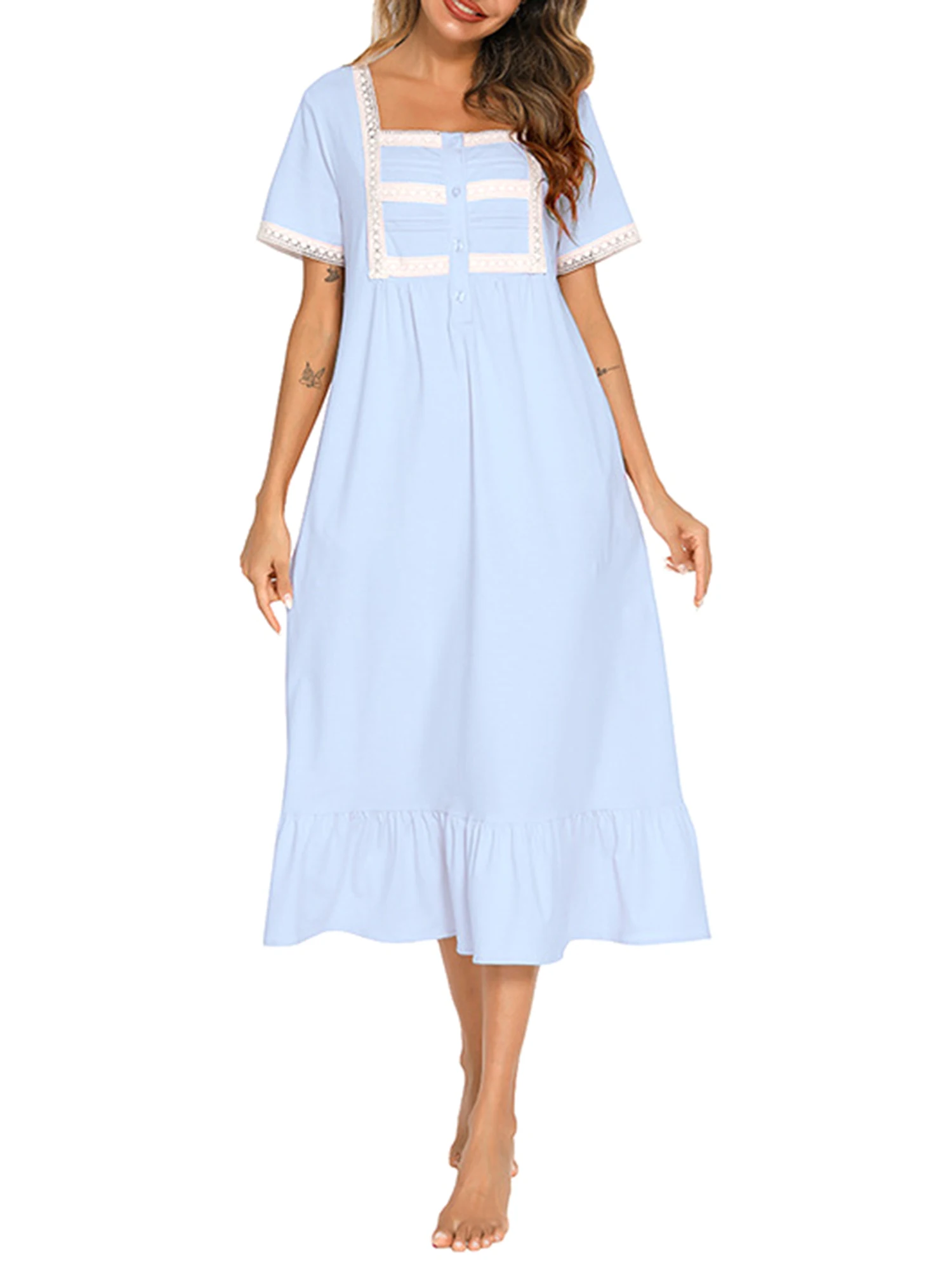 

Elegant Lace Trimmed Short Sleeve Nightgown with Ruffled Hem for Women - Perfect Summer Sleepwear Dress