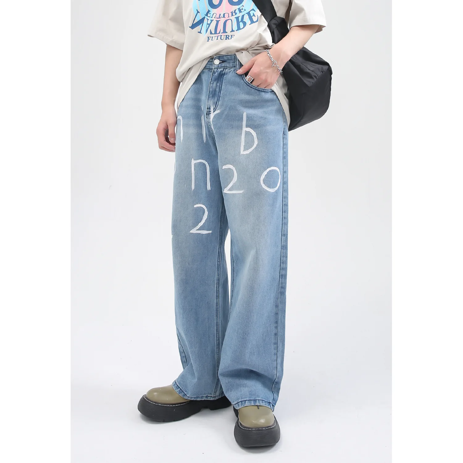Four Seasons Men's Jeans Korean Version Loose Letters Hand-painted Printing Men's Wide Leg Pants Men's Streetwear Ins Hot Sale