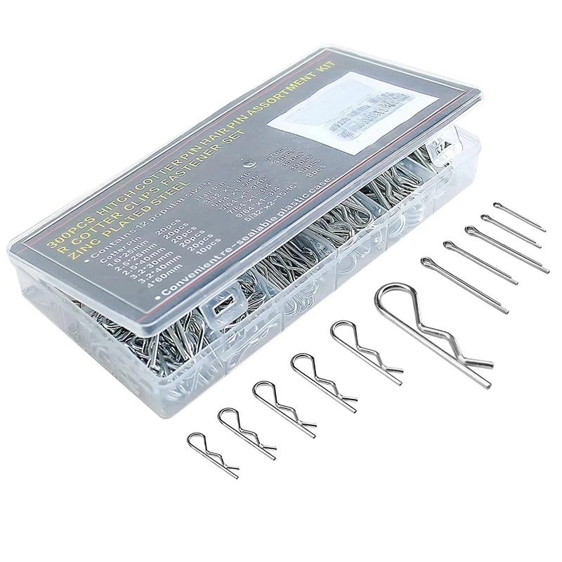 

300Pcs R Cotter Pin Cotter Hairpin Assortment Kit Galvanized Steel Hook Hairpin R Clip Fastener For Small Engines Car