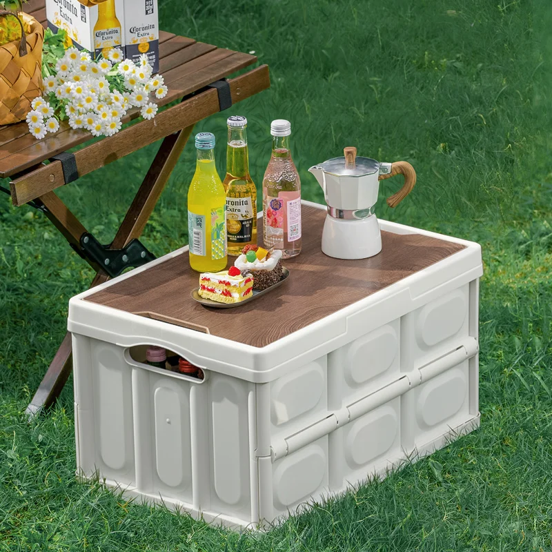 

Складной ящик для кемпинга на открытом воздухе с деревянной крышкой, автомобильный ящик для хранения, контейнер для еды, бытовой контейнер для хранения большой емкости