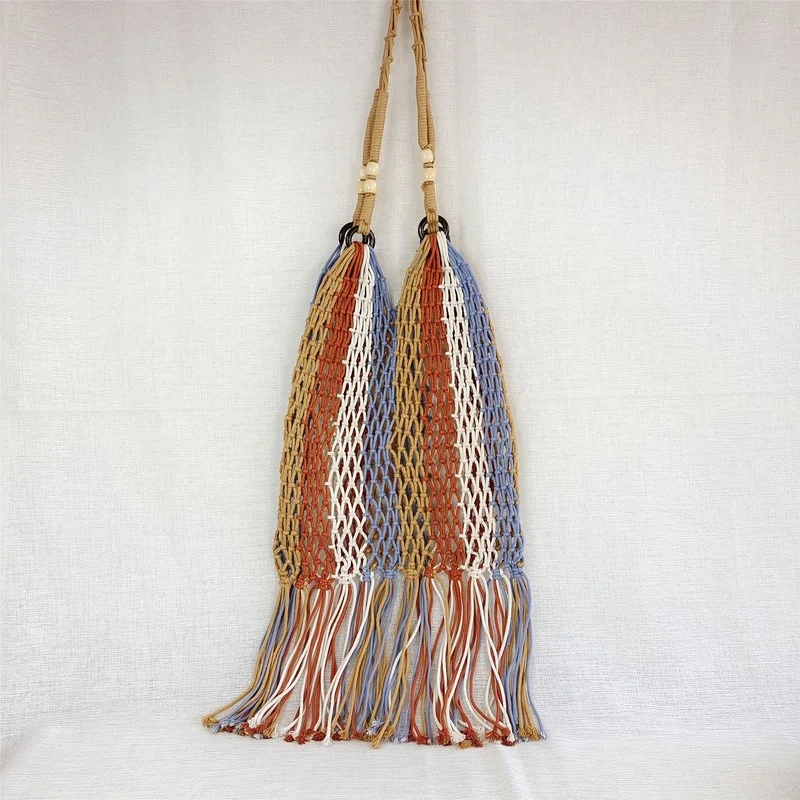 

Fashion Ethnic Style Hand-woven Women's Shoulder Bag Mesh Rope Weaving Hollow Straw Bag Summer Bohemian Tassel Travel Beach Bag