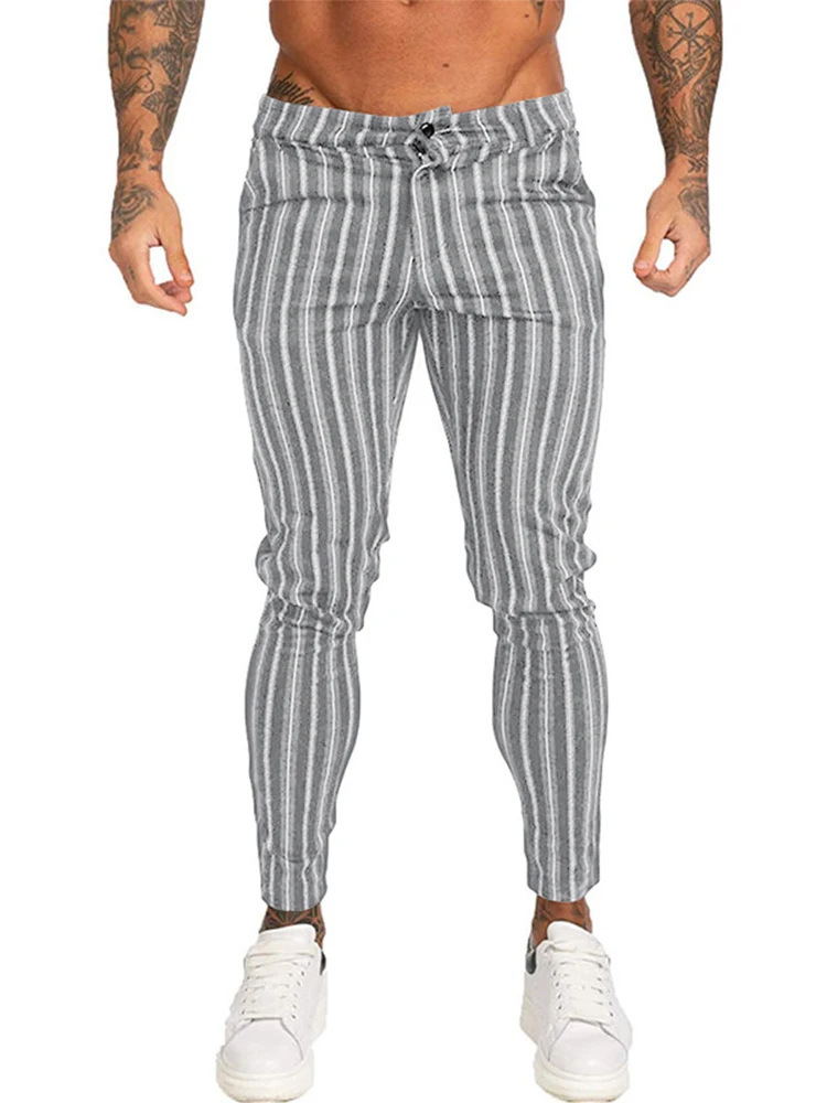 

Spring Sport Business Casual Mid Waist Trousers Men Fashion All-match Pants Retro Vertical Striped Print Slim Pencil Pants Mens