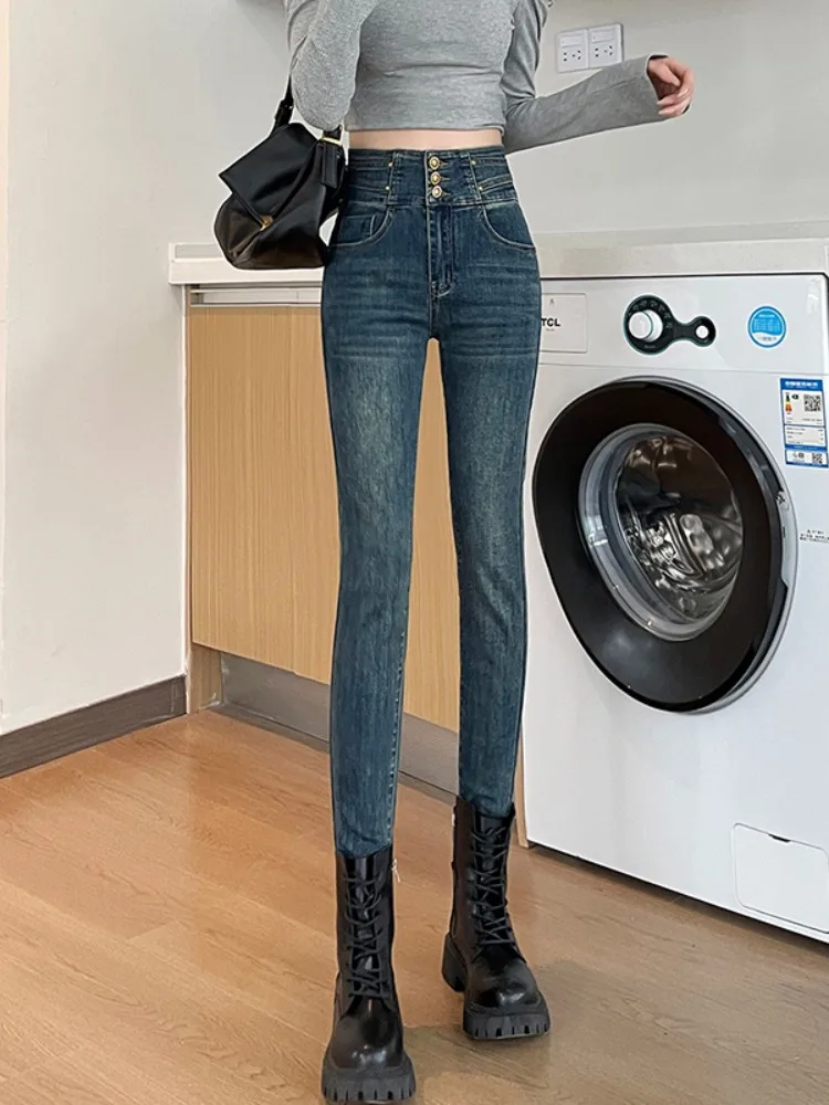 Джинсы больших размеров в стиле ретро на флисовой подкладке женские