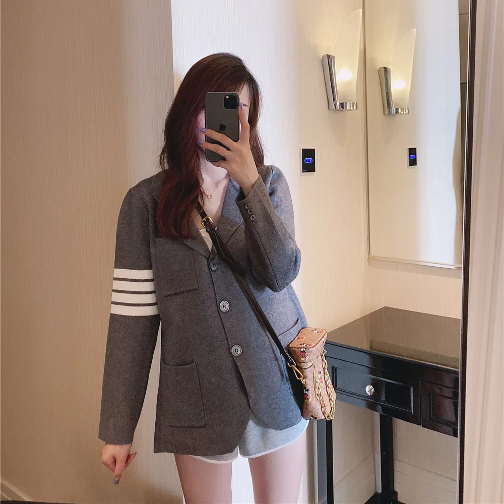 High Quality Korean Style TB Four-bar Autumn New Striped British Style Wild Suit Knitted Sweater Jacket Lapel Pocket Cardigan