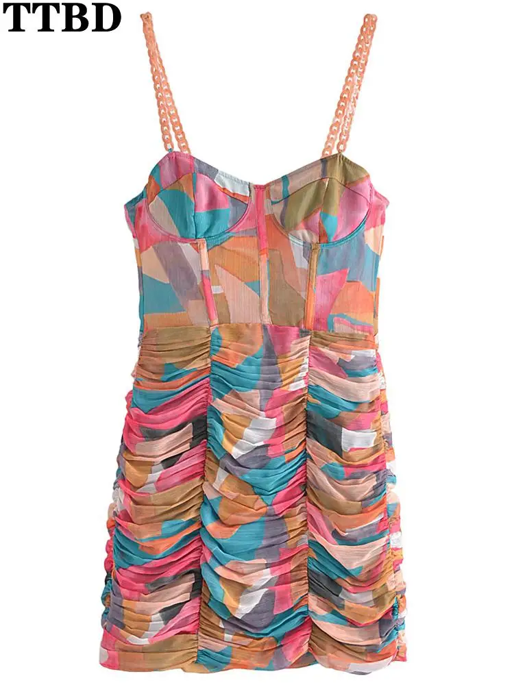 

TTBD Women 2022 fashion printed draped mini traf dress vintage backless zipper chain strap female dresses vestidos mujer